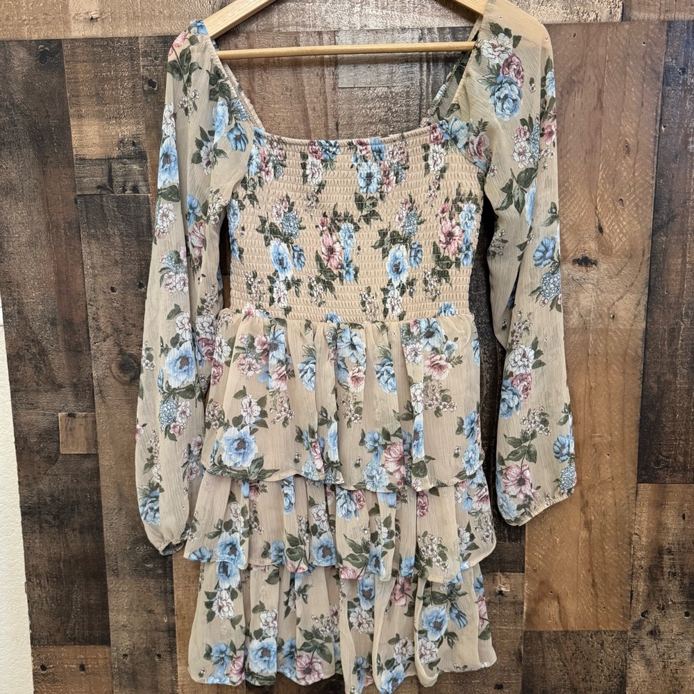 Madden NYC Juniors Small Tiered Ruffle Dress Floral Sheer Sleeve Long